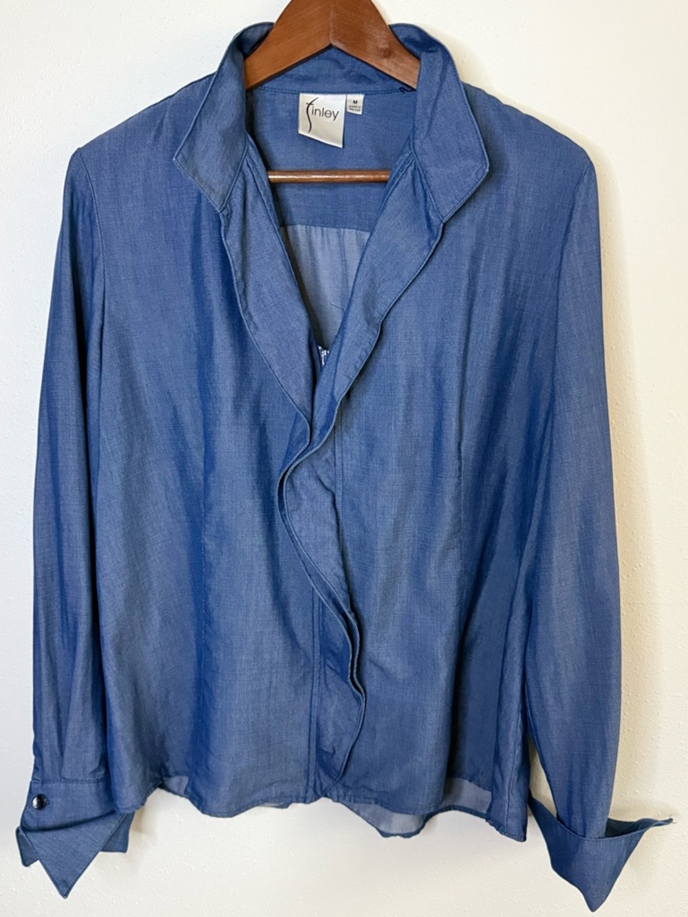 Finley Made USA Blue Draped Collar Blouse Lightweight Top Medium